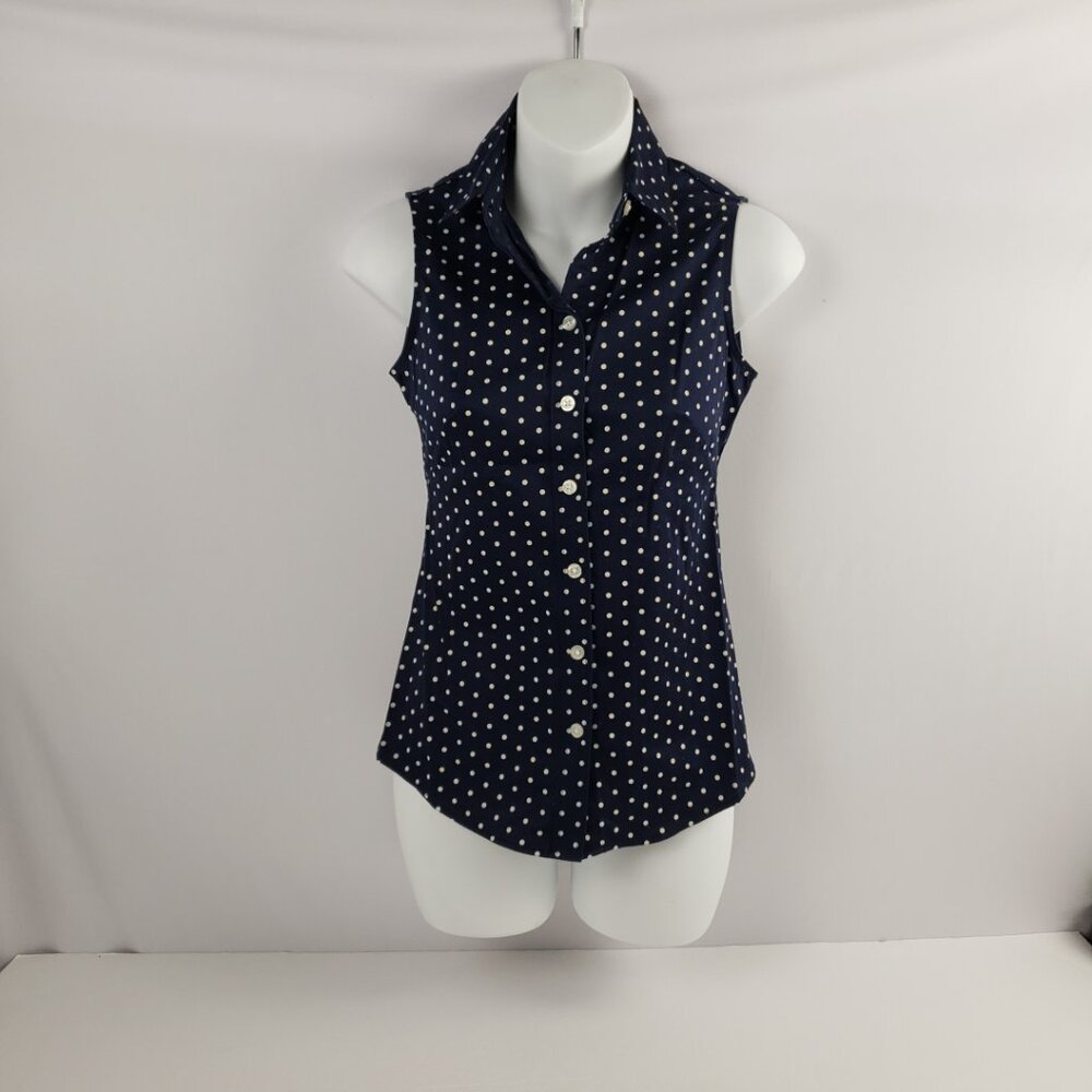 Banana Republic 00 Petite Navy Off White Polka Dots No Iron Sleeveless